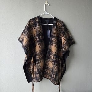 Rachel Roy Plaid Fleece Belted Wrap Poncho Cape Tan Black Sz L/XL NWT
